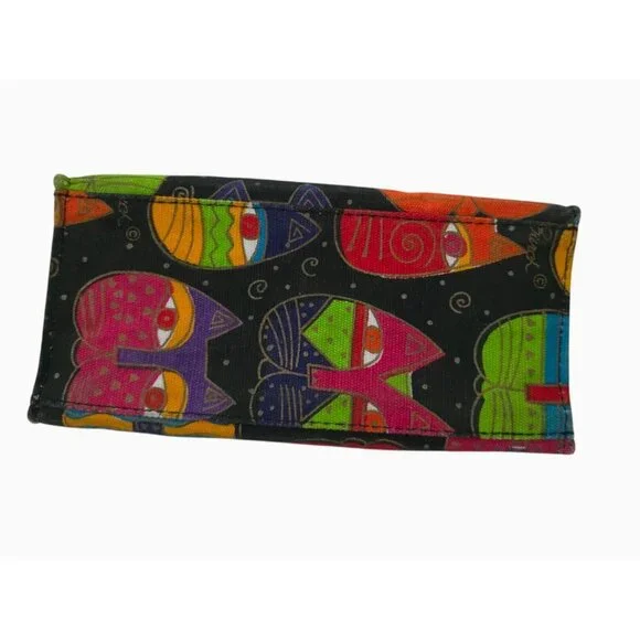 Laurel Burch Multicolor Cat Gato Pattern Canvas Mini Handbag With Wooden Handles - Picture 5 of 10